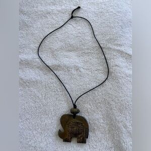 Hand Carved Wood Elephant With Gemstone Pendant Cord Necklace Unisex
